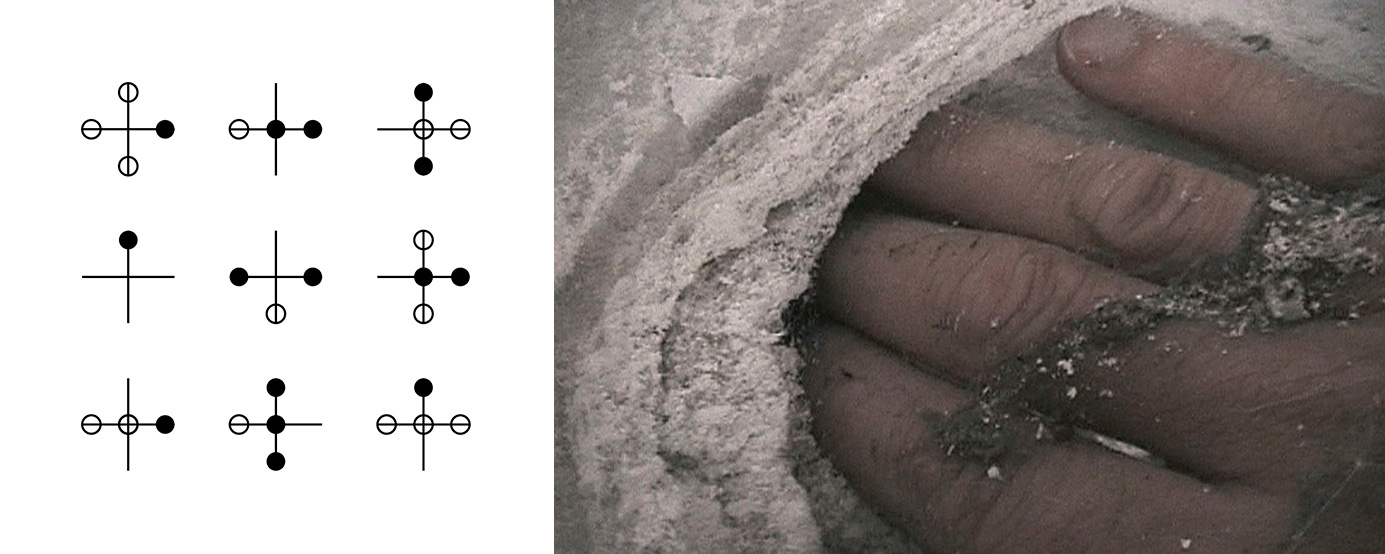 Notationsgrafik „IM SCHNITT, DER PUNKT“, 2001 (links) als Musik zu „STREIFEND DER BLICK“, 2003 - Videostill (rechts)