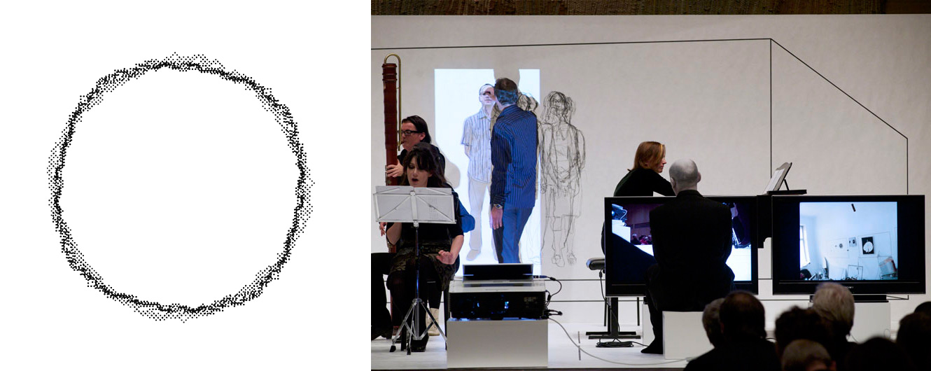 „ABGESCHRITTEN, DER KREIS“ (2009) Notationsgrafik (links); Aufführungsansicht von „SUBJEKT/OBJEKT“, 2009 (rechts)